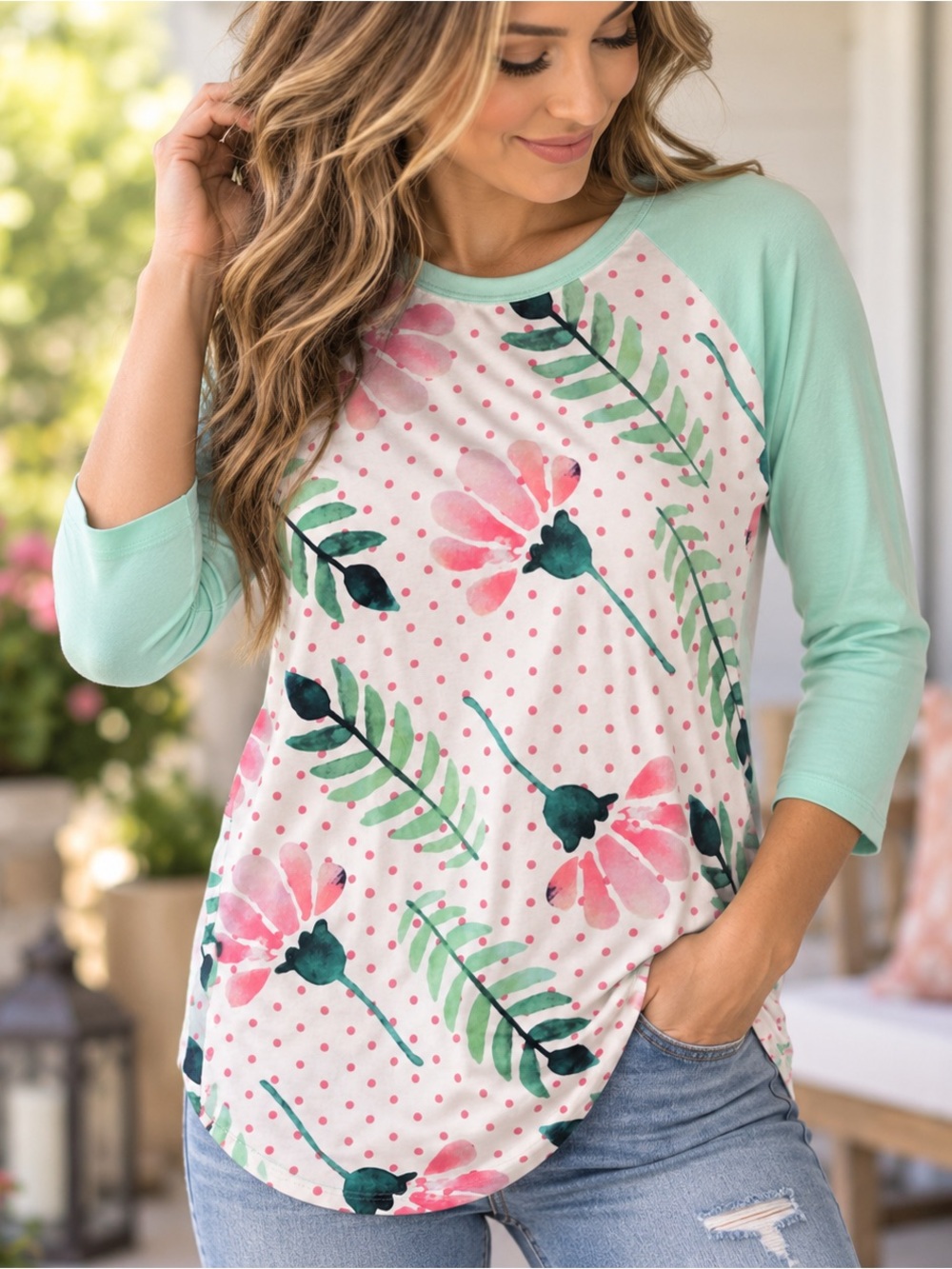 LuLaRoe Randy Raglan Tee Mint Pink Floral Unicorn Print Size XL